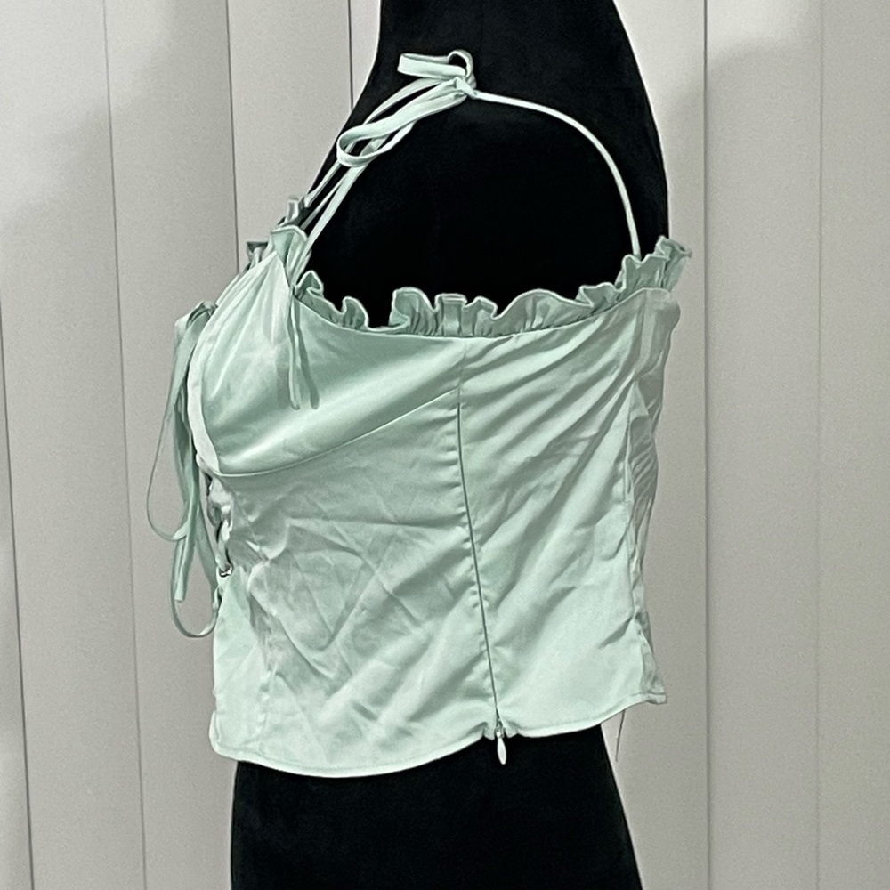 CURRENT MOOD Anything Could Happen Lace Up Ruffle Bustier Tank Top Mint Green M - Picture 2 of 11